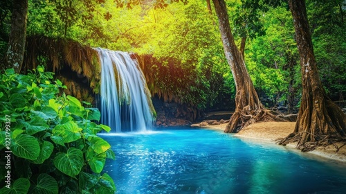 Lush jungle waterfall cascades into turquoise pool, sunlight
