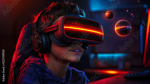 Immersive VR gaming experience. Young gamer wearing headset, exploring vibrant virtual cosmos with glowing planets. Perfect for tech, gaming, metaverse, and future concepts.