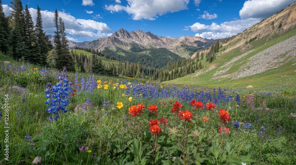 Fototapeta premium Vibrant Wildflower Meadow Under Blue Sky with Majestic Mountains