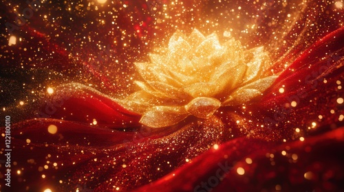 Golden Lotus Flower on Red Glitter Festive Background Luxury Texture