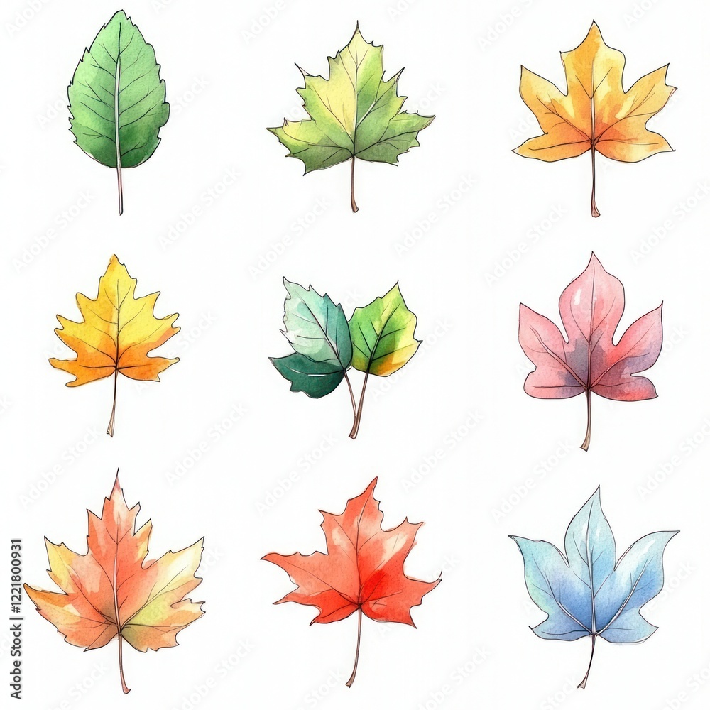 Fototapeta premium A set of nine watercolor leaves in various colors and shapes.