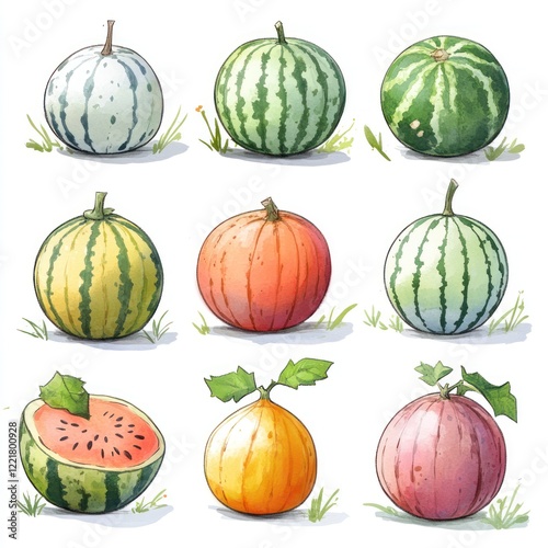 A set of nine watercolor illustrations of various watermelon and pumpkin varieties, including a halved watermelon, all on a white background.