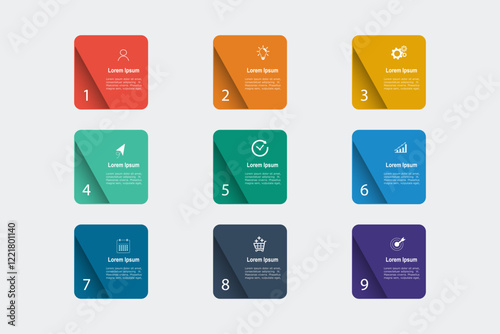 business concept with 9 steps, multicolor rectangle ,design for workflow layout, diagram, annual report, web design. vector