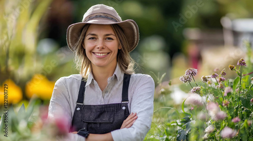 Fototapeta Naklejka Na Ścianę i Meble -  Confident female gardener smiling with arms crossed in blooming flower garden