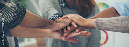 Tableau sur toile Team bump fist together Banner diversity solidarity teams multiethnic Partners hands together teamwork