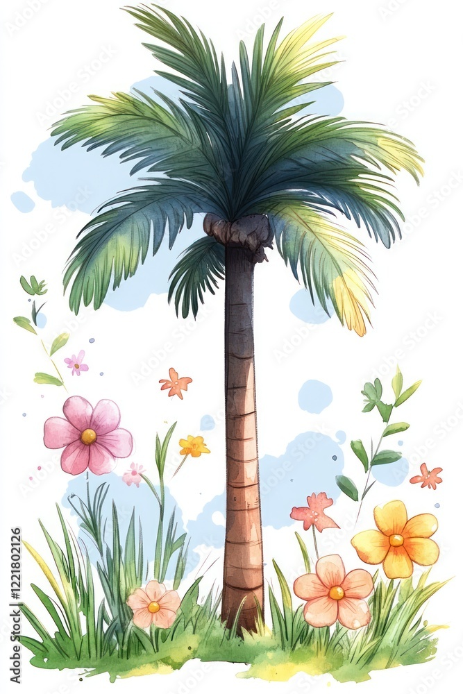 custom made wallpaper toronto digitalA tall palm tree with green leaves stands tall against a blue sky with white clouds. It is surrounded by pink, yellow and orange flowers and green grass.