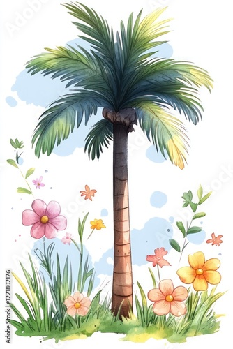 Wallpaper Mural A tall palm tree with green leaves stands tall against a blue sky with white clouds. It is surrounded by pink, yellow and orange flowers and green grass. Torontodigital.ca