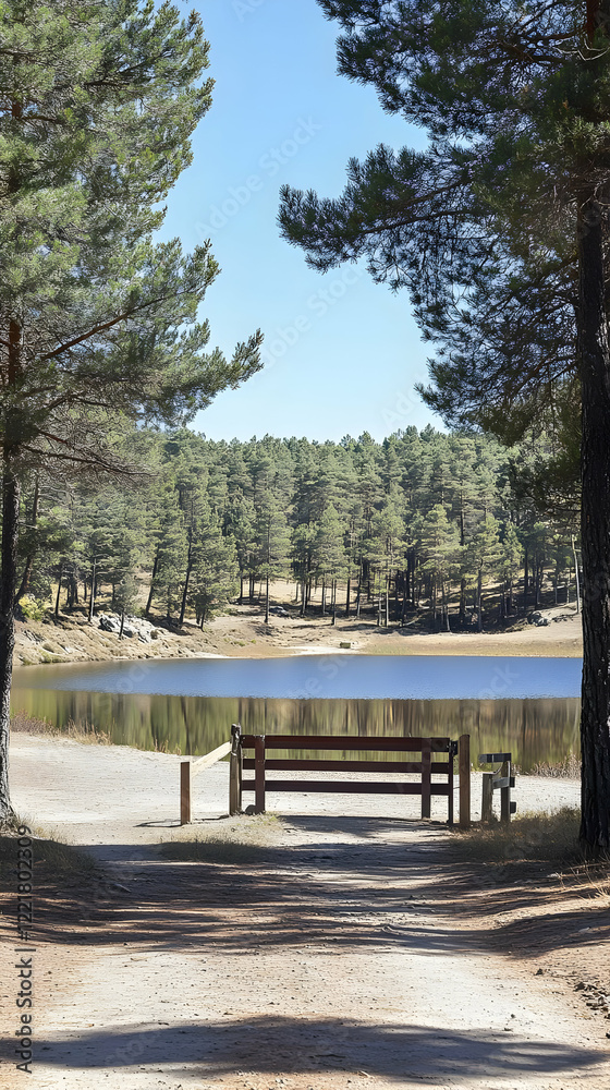 Serene lake view, park bench, pine trees Serene lake view, park bench, pine trees