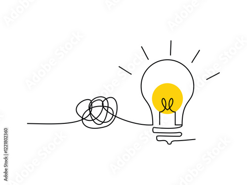 line drawing of tangled and scribble wires with light bulbs vector illustration on transparent background