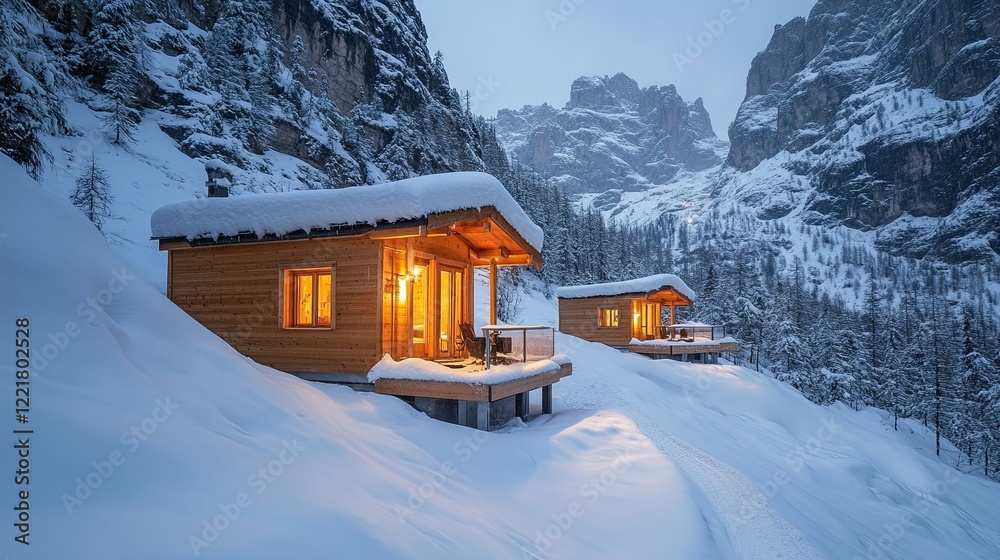 Wooden mountain chalets covered in snow under Tre Cime di Lavaredo, Dolomites, Italy Wooden mountain chalets covered in snow under Tre Cime di Lavaredo, Dolomites, Italy