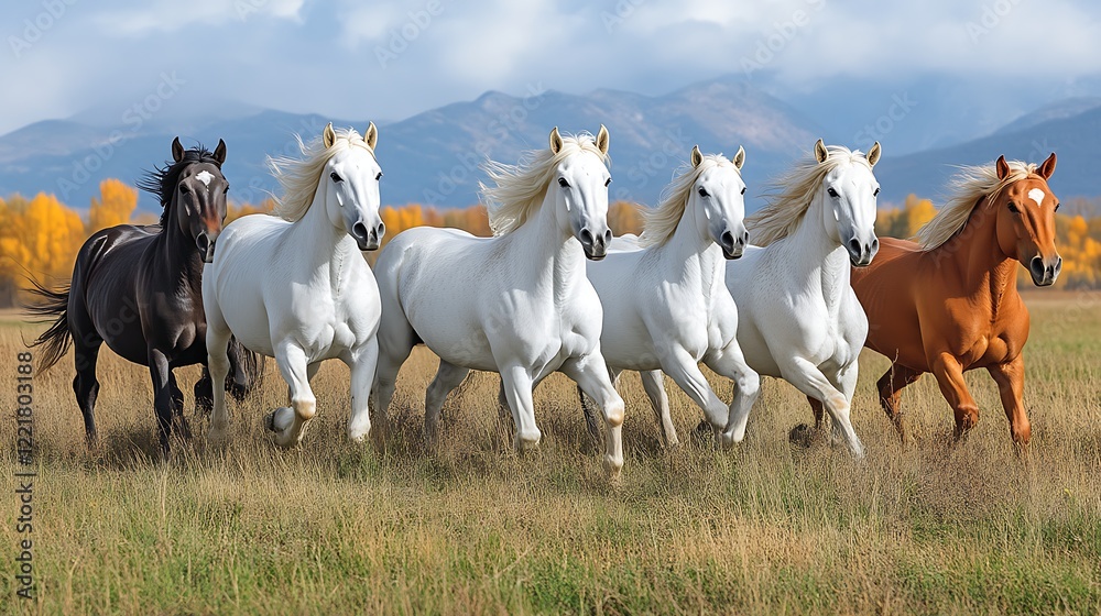 Obraz premium Five Horses Running Across Autumnal Field