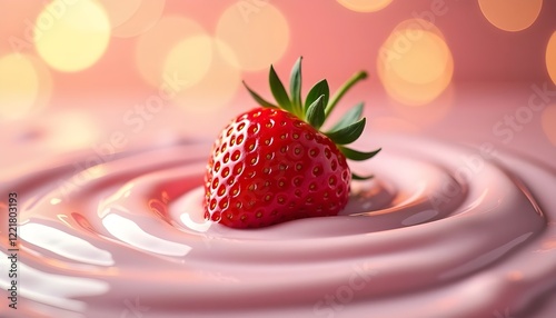 fresh strawberry on creamy pink swirl with warm bokeh lights