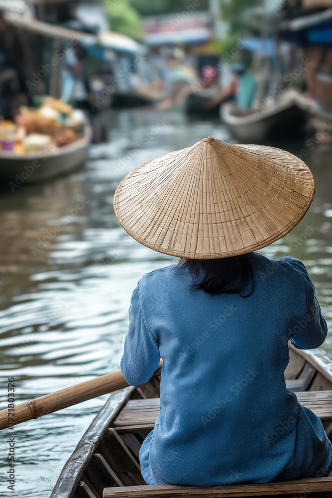 Fototapeta premium Vietnamese woman wearing conical hat rowing on river at floating market