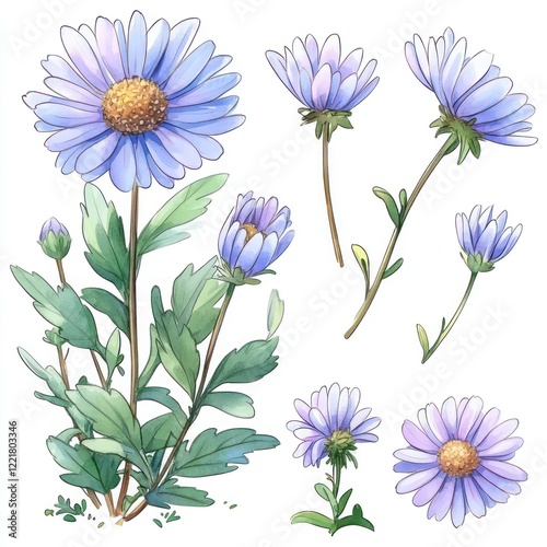 A watercolor illustration of blue daisies in various stages of bloom.