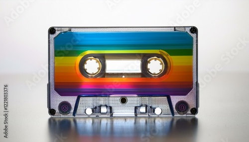 Rainbow cassette tape on white background レインボーカセットテープ、白背景に映える色彩豊かなレトロデザイン

