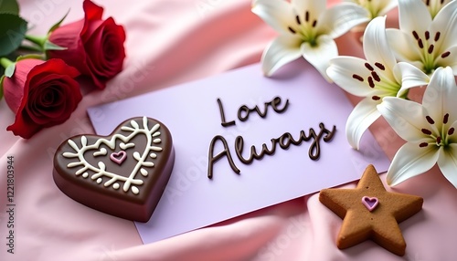 romantic arrangement with red roses, chocolate heart, and 