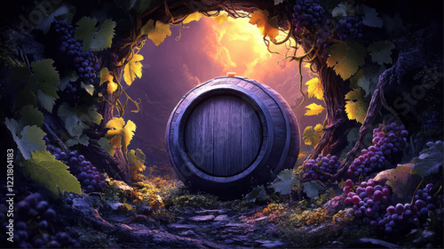Enchanting Vineyard Scene with Wooden Wine Barrel Surrounded by Grapes, Lush Vines, and Golden Sunlight in a Magical Forest