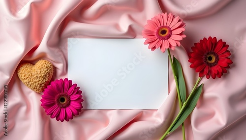 blank white card with gerbera daisies and heart-shaped snack on pink satin background frame