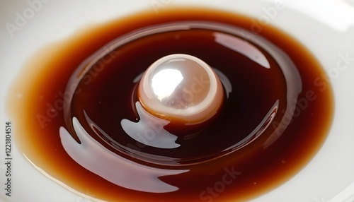 shiny pearl in dark liquid with ripples radiating outward