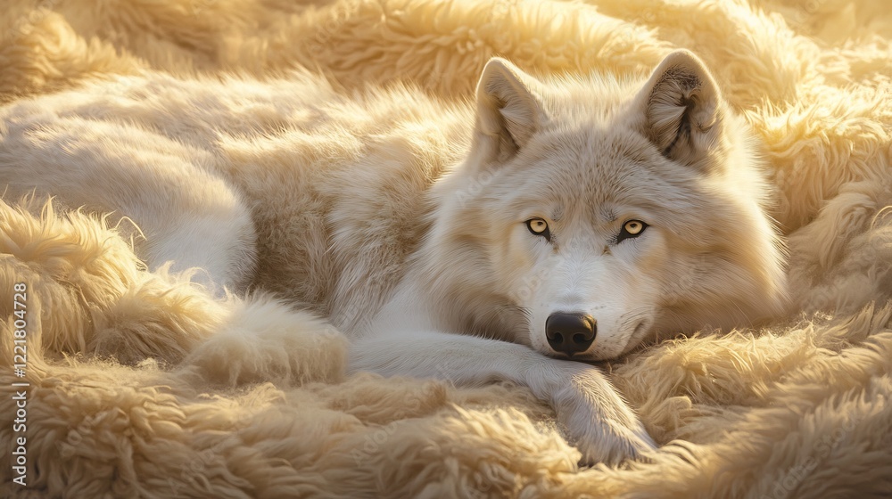 Fototapeta premium Serene Arctic wolf rests softly bathed in warm golden light. AI Generated