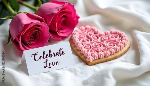 romantic arrangement with pink roses, heart-shaped cookie, and 