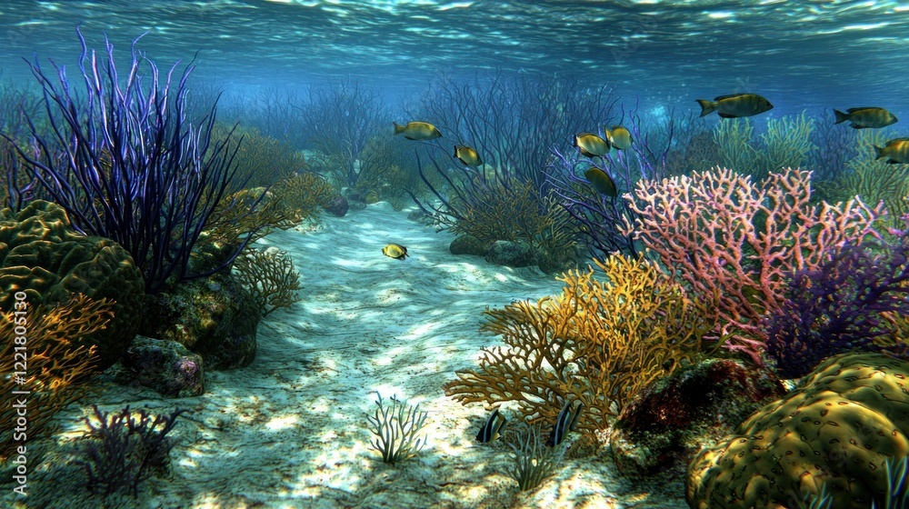Underwater coral reef scene, fish swimming, sandy bottom, sunlight Underwater coral reef scene, fish swimming, sandy bottom, sunlight