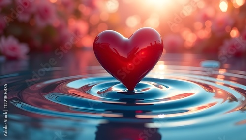 shiny red heart in water with gentle ripples and serene floral background