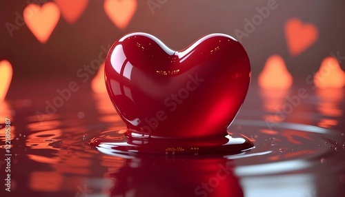 glossy red heart on reflective water surface with romantic heart shapes in background