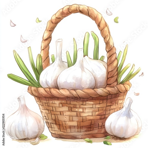 A wicker basket full of garlic bulbs and green garlic stalks, with two whole garlic bulbs lying in front of the basket.