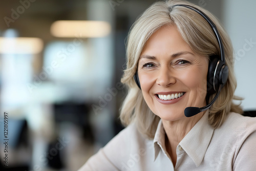 Senior female customer service representative working in call center
