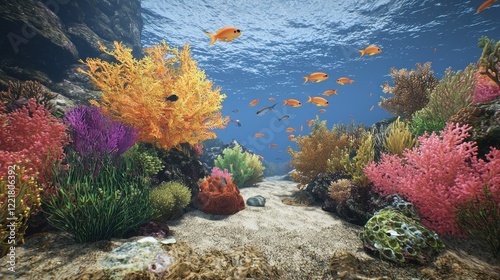 Vibrant coral reef fish schooling ocean seabed