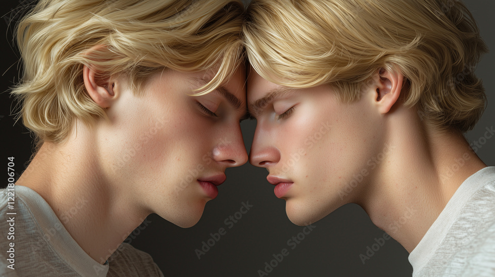 Two young blonde men touch foreheads with eyes closed, sharing a quiet and affectionate moment. Their calm expressions reflect love, trust, and deep emotional connection. Two young blonde men touch foreheads with eyes closed, sharing a quiet and affectionate moment. Their calm expressions reflect love, trust, and deep emotional connection.