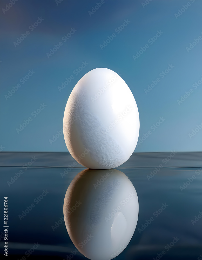 A white egg sits on a reflective surface mirroring its form against a blue backdrop. A simple yet striking image A white egg sits on a reflective surface mirroring its form against a blue backdrop. A simple yet striking image