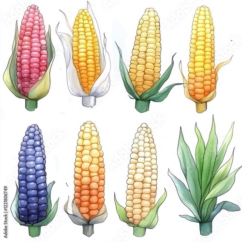 An illustration of eight ears of corn, each with a different color, including pink, yellow, orange, white, and blue.