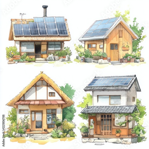 An illustration of four small houses with solar panels on the roof. The houses are different styles, with thatched roofs, wooden siding, and white stucco. They are all surrounded by greenery.