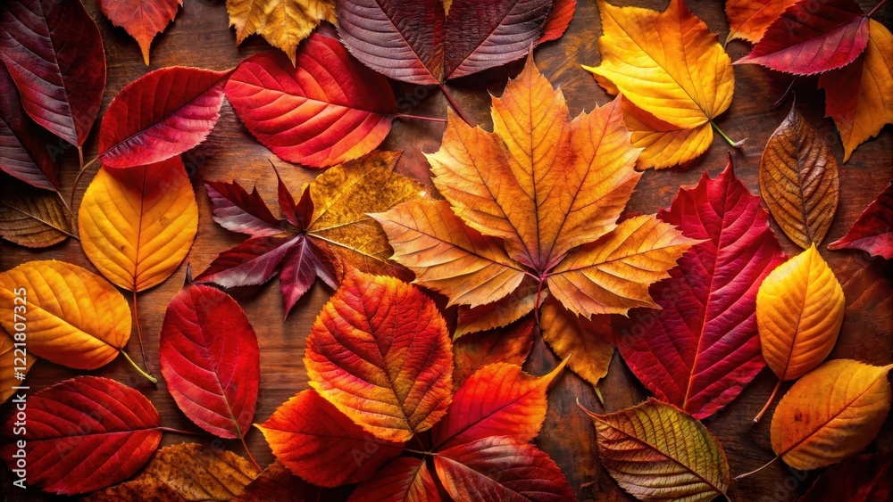 custom made wallpaper toronto digitalAutumnal foliage arranged on a wooden surface, showcasing a vibrant spectrum of red, orange, and yellow leaves.