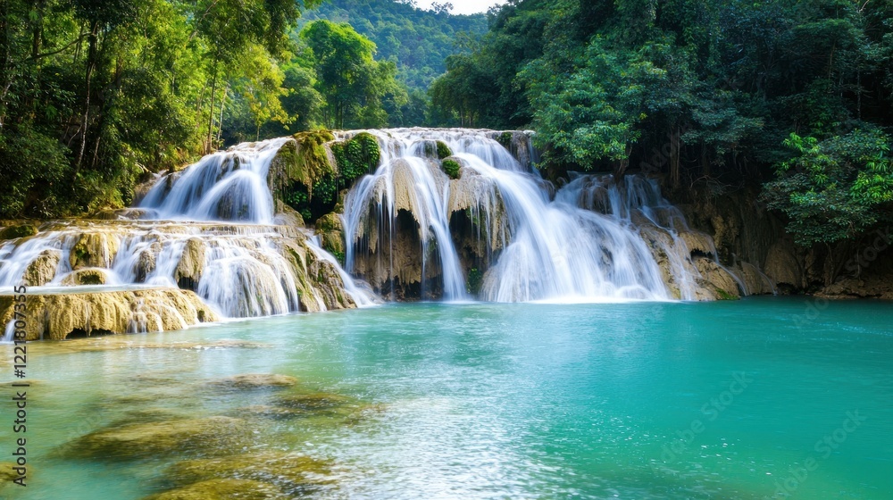 Obraz premium Serene Waterfall in Lush Tropical Forest