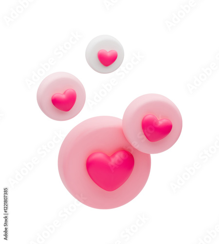 3D flying reaction icon. Realistic social network media concept. Love element, comment and follow symbol with hearts. Promotional communication nowaday, vector like emoji isolated on white