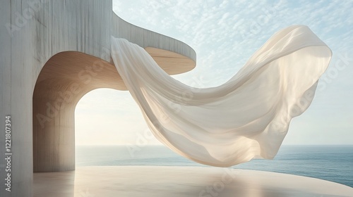 Wallpaper Mural Elegant fabric flows gently in soft sunlight against a minimalist coastal structure. AI Generated Torontodigital.ca