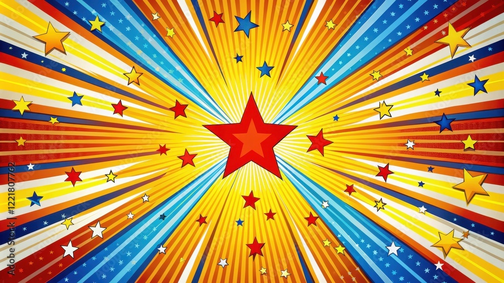 Radiant Starburst Background with Festive Stripes and Sparkling Stars