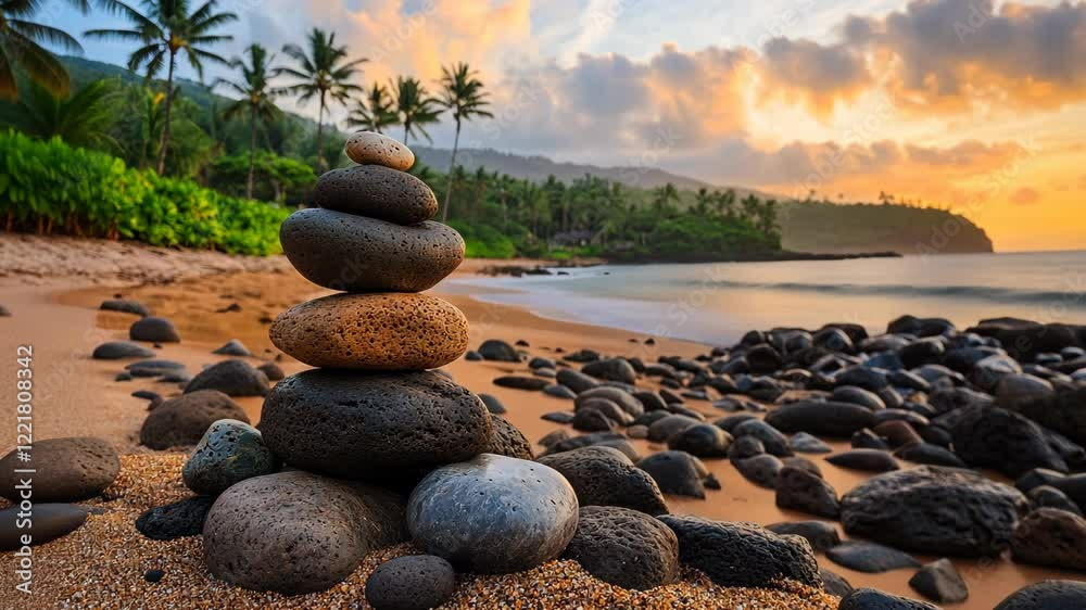 Sunset at a tropical beach with balanced stones and calm waves creating a serene atmosphere Sunset at a tropical beach with balanced stones and calm waves creating a serene atmosphere