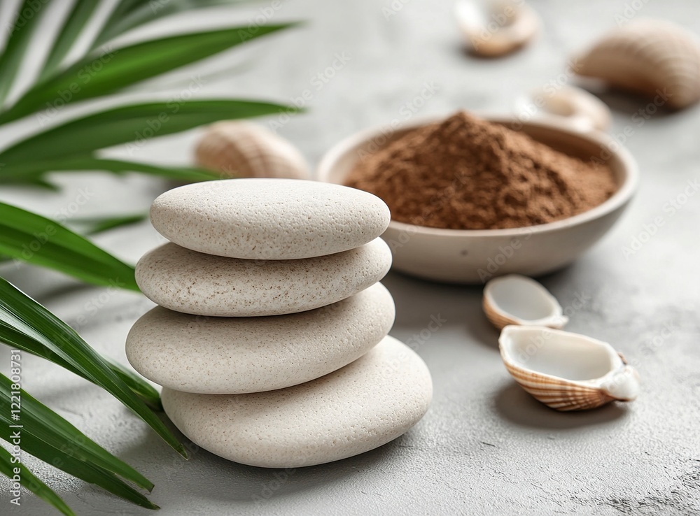Piled white stones with spa elements on a grey background, the winning stock photo contest entry. with generative ai Piled white stones with spa elements on a grey background, the winning stock photo contest entry. with generative ai
