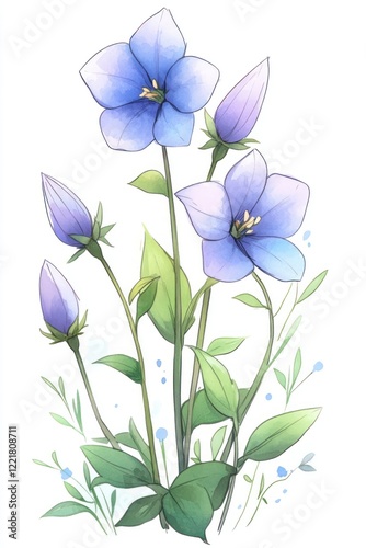 Delicate blue bell flowers with green leaves and buds on a white background.