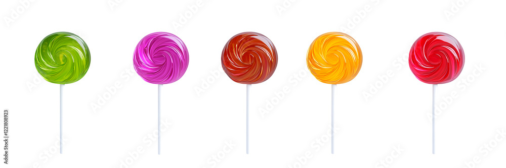 Five vibrant lollipops, a swirl of sugary delight! Five vibrant lollipops, a swirl of sugary delight!
