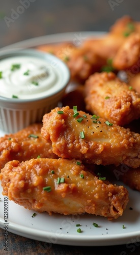 Plate of chicken wings with a side of ranch dip