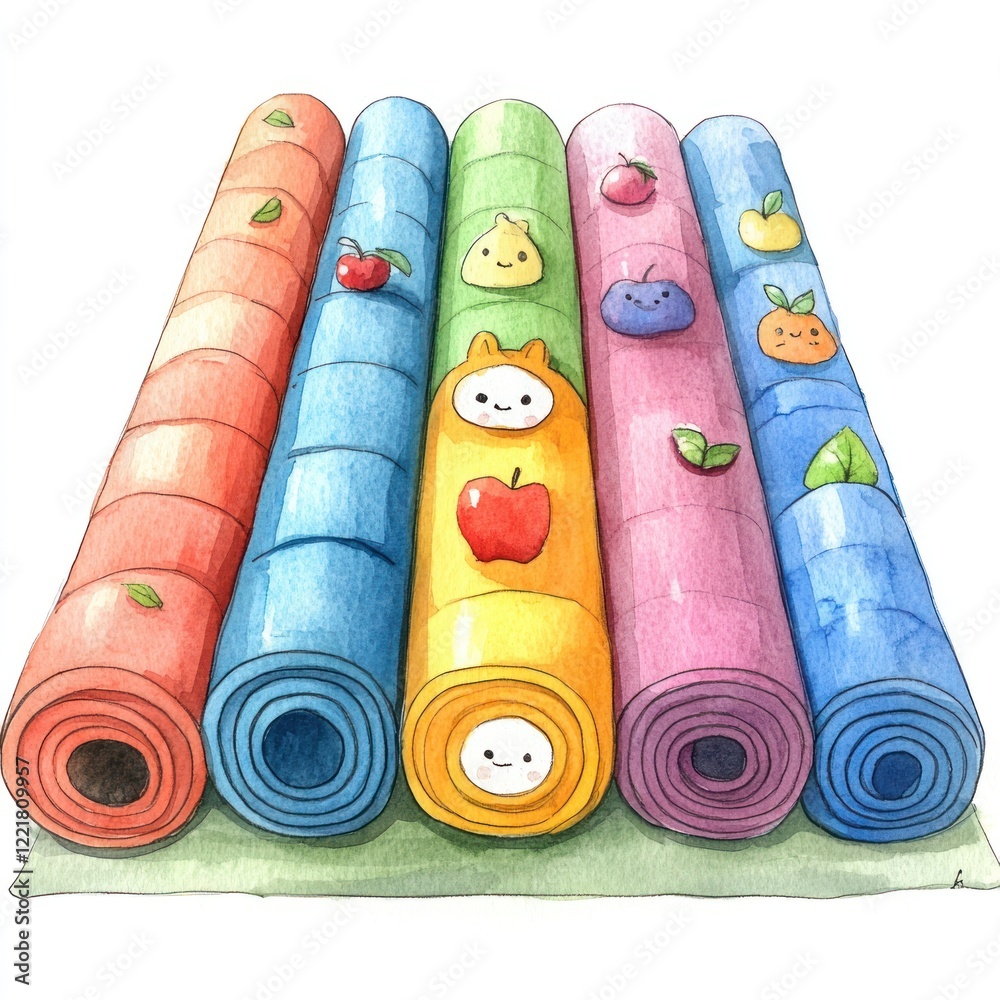 Four colorful yoga mats rolled up with cute fruit and animal illustrations. Four colorful yoga mats rolled up with cute fruit and animal illustrations.