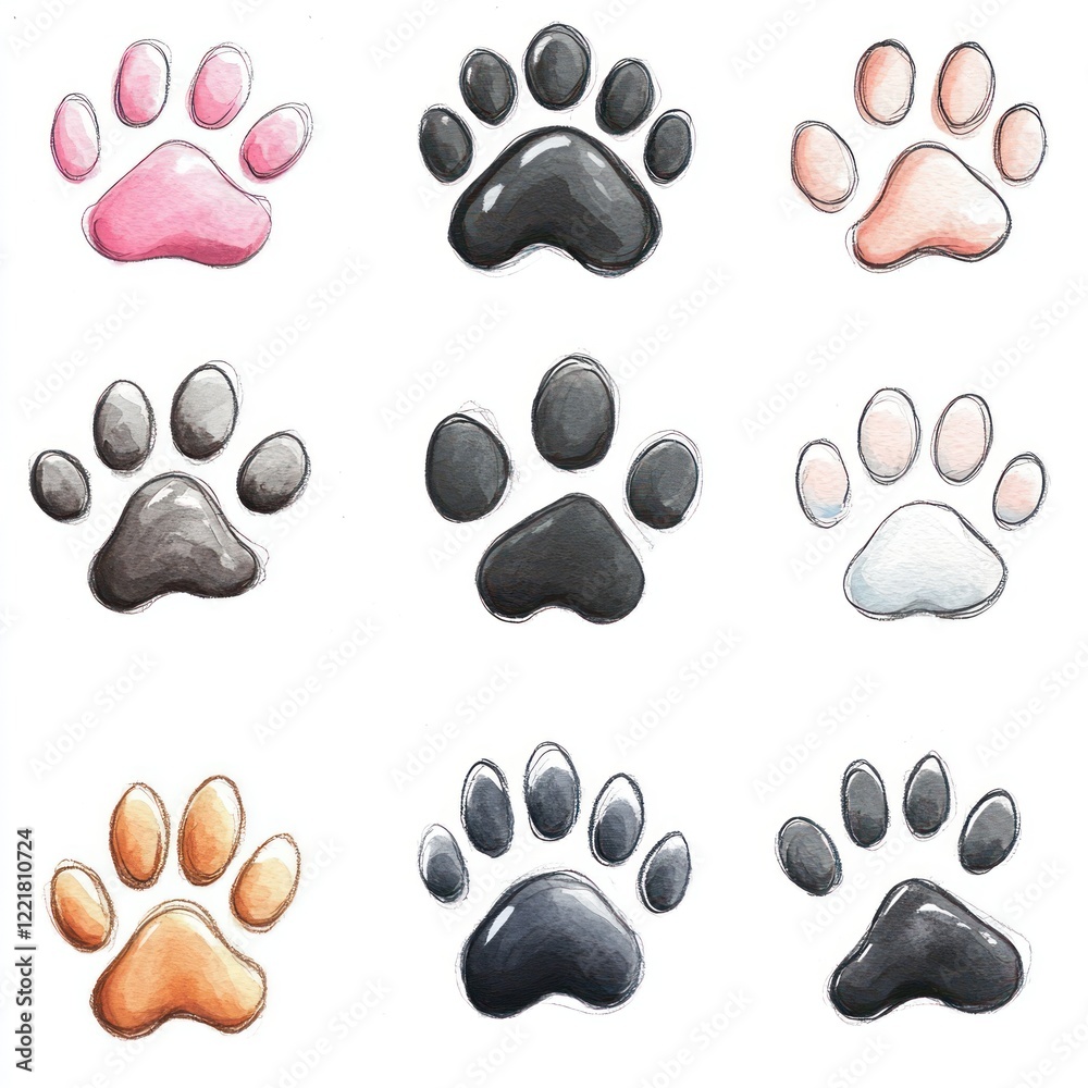 Fototapeta premium Nine cartoon animal paw prints in various colors.