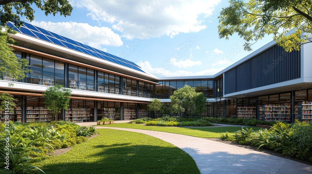 Fototapeta premium Modern Library Courtyard with Solar Panels