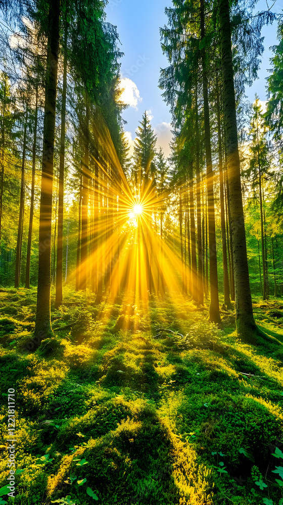 Obraz premium Sun rays through forest, moss, nature