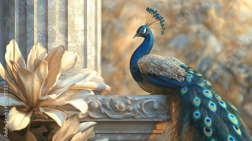 A decorative image showcases a blue peacock against a beige background, featuring a large sculpted flower element.